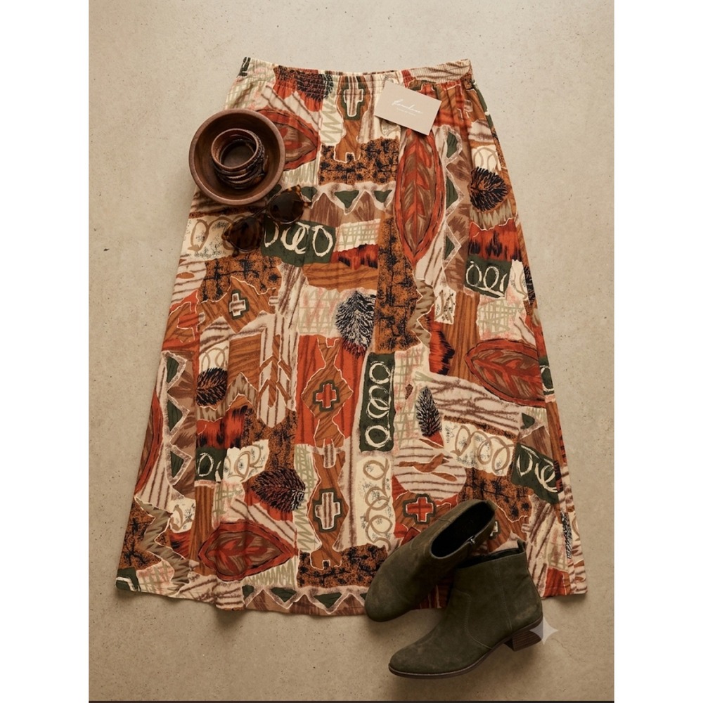 Vintage 90s Midi Abstract Geometric Print Skirt Elastic Waist Brown Large
